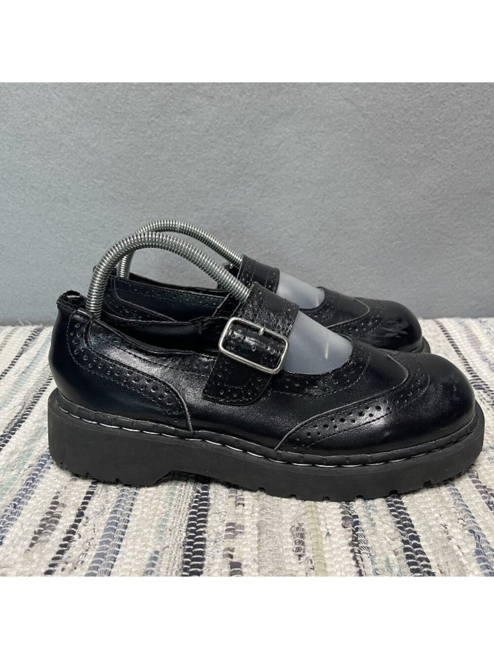 T.U.K. Mary Janes Black Leather Shoes With Buckle Strap & Chunky Sole 10